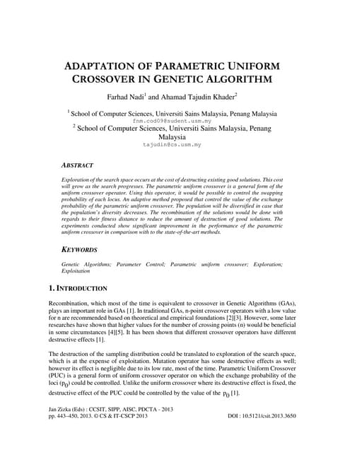 ADAPTATION OF PARAMETRIC UNIFORM CROSSOVER IN GENETIC ALGORITHM