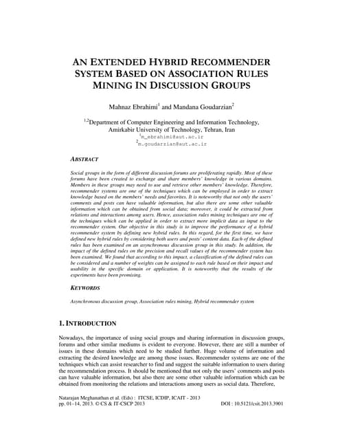 AN EXTENDED HYBRID RECOMMENDER SYSTEM BASED ON ASSOCIATION RULES MINING IN DI...