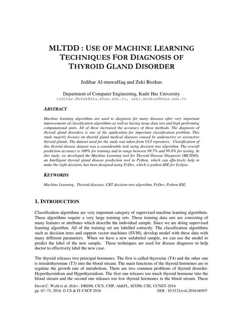 MLTDD : USE OF MACHINE LEARNING TECHNIQUES FOR DIAGNOSIS OF THYROID GLAND DIS...