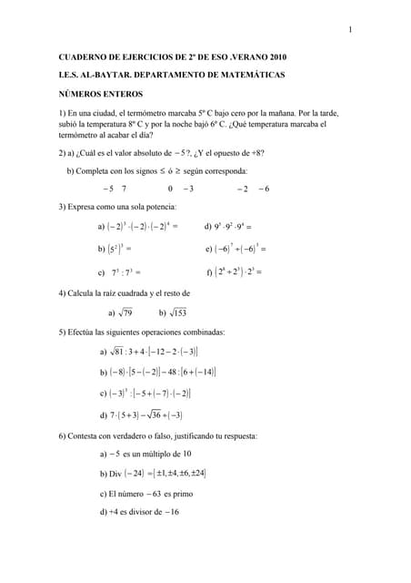 Cuaderno de ejercicios de 2º eso. verano 2010