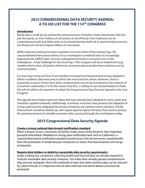 National Consumers League's 2015 Cybersecurity Policy Agenda