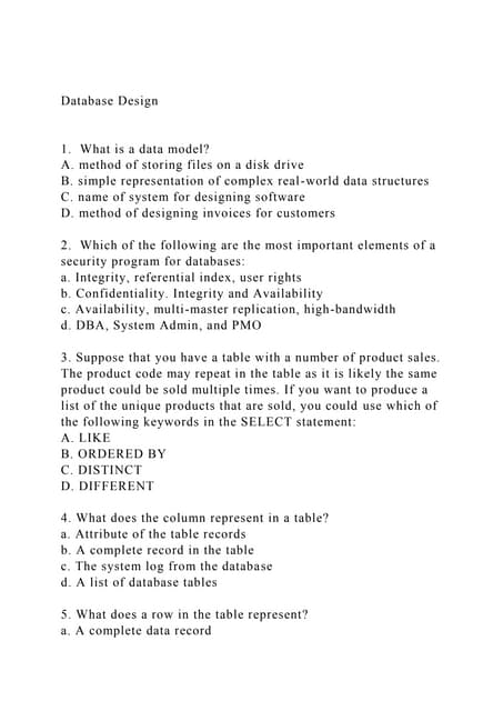 Database Design 1.  What is a data model A. method of sto.docx
