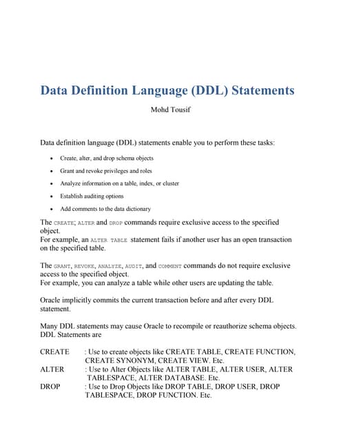 Data Definition Language (DDL) 