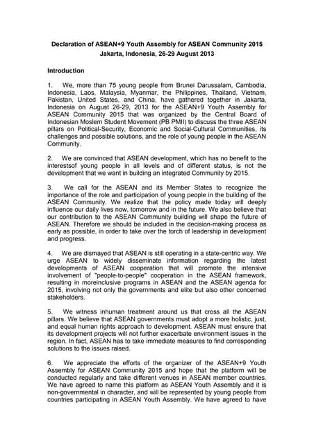 Declaration of Asean +9 Youth Assembly 2013 