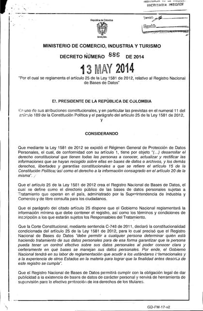 Decreto 886 del 13 de mayo de 2014 Registro de Bases de Datos 