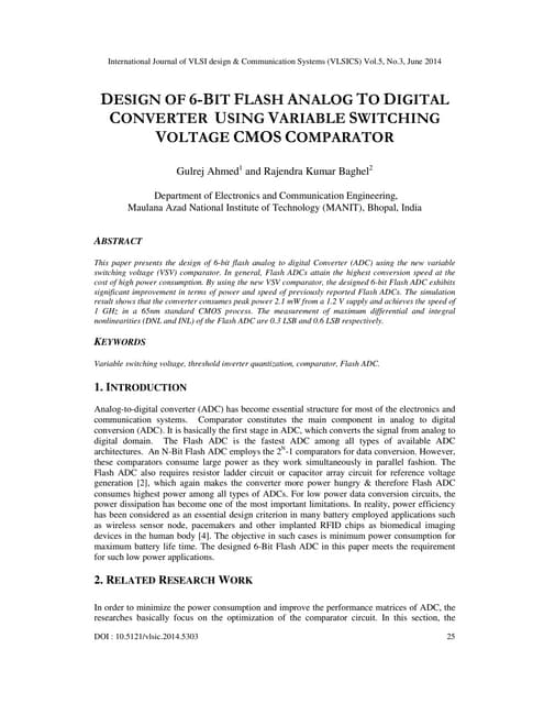 Design of 6 bit flash analog to digital converter using variable switching vo...