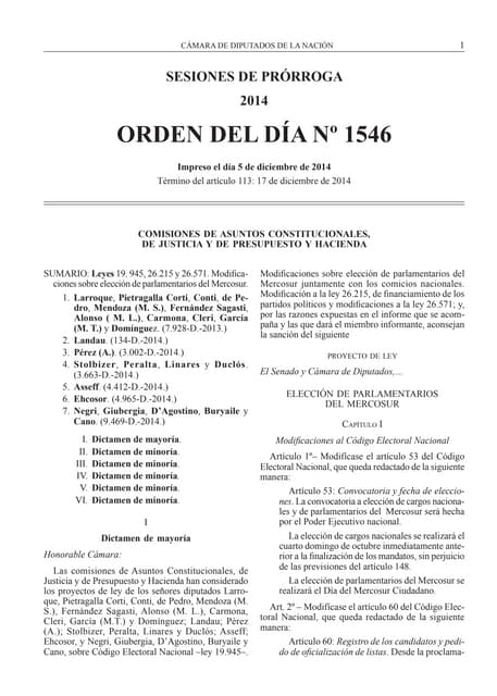 Proyecto de Ley Elección Parlamentarios del Mercosur. Dictamen Diputados