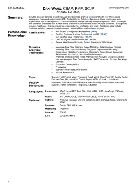 Dani Wang Resume_CBAP_PMP_SCJP_PM_Updated_1