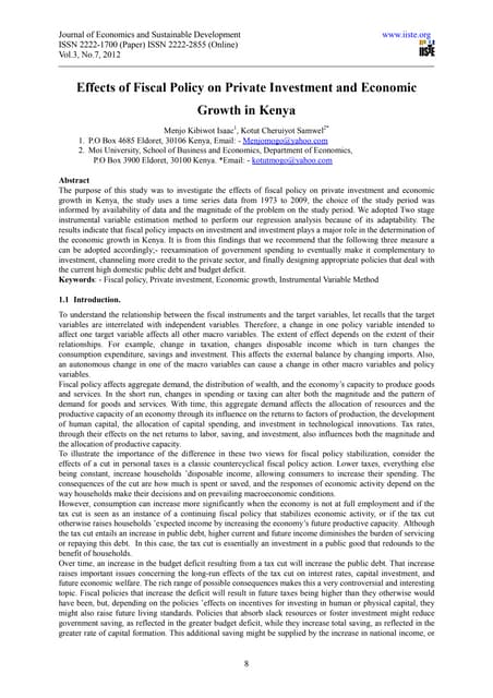 Effects of fiscal policy on private investment and economic growth in kenya