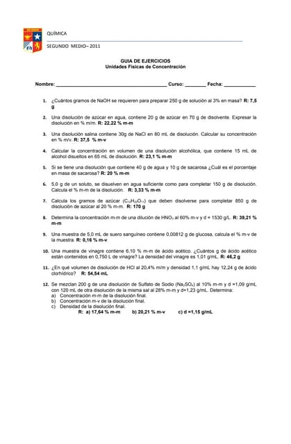 Ejercicios unidades físicas de concentración