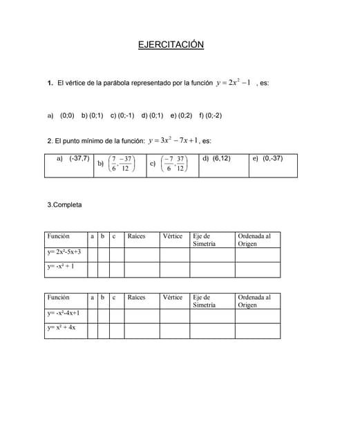 Ejercitación funcion cuadratica