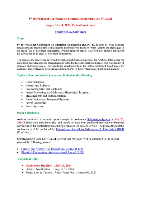 5th International Conference on Electrical Engineering (ELEG 2024)
