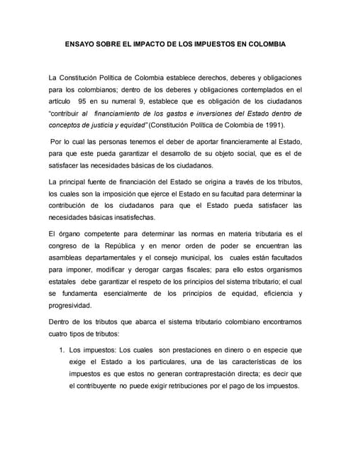 Ensayo  impacto de los impuesto en colombia
