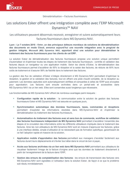 Les solutions Esker offrent une intégration complète avec l’ERP Microsoft Dyn...