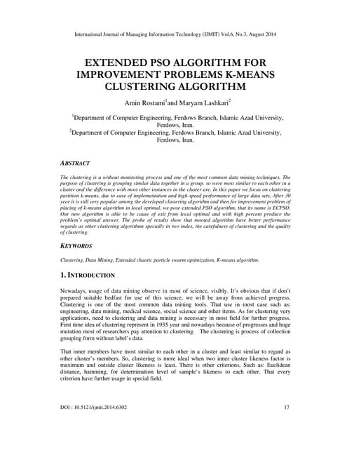 Extended pso algorithm for improvement problems k means clustering algorithm