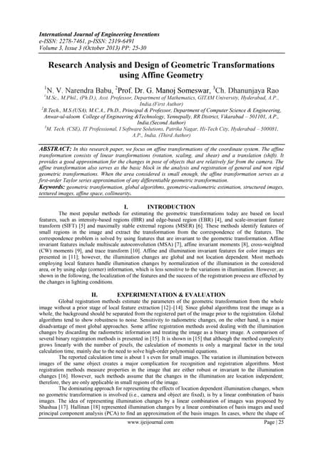 Research Analysis and Design of Geometric Transformations using Affine Geometry