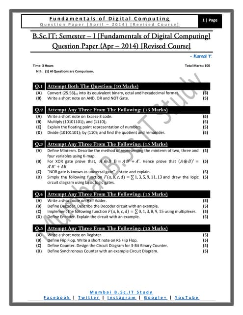 [Question Paper] Fundamentals of Digital Computing (Revised Course) [April / ...