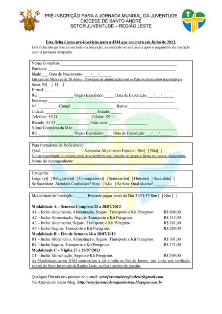 PRÉ-INSCRIÇÃO JMJRIO2013 - REGIÃO LESTE - DIOCESE DE SANTO ANDRE