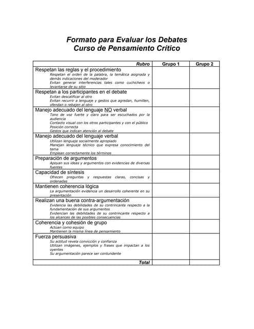 Formato para evaluar debates