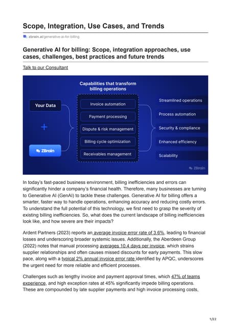 Generative AI for billing: Scope, integration approaches, use cases, challeng...