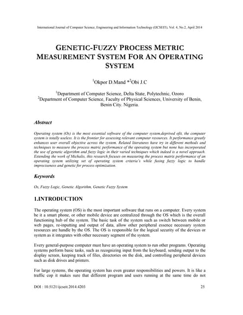 Genetic fuzzy process metric measurement system for an operating system