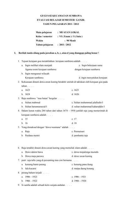 soal - soal sejarah pulau sumbawa