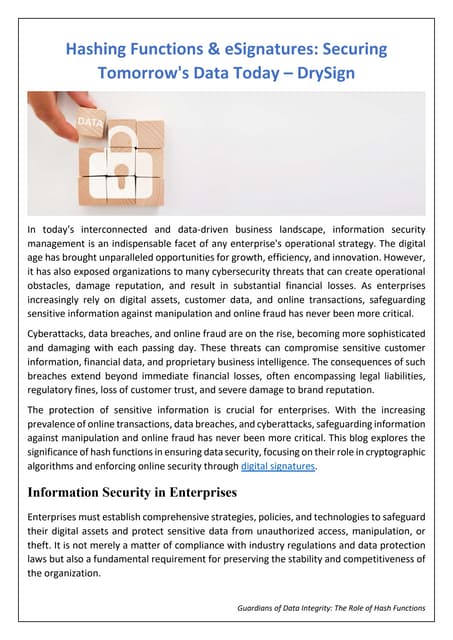 Hashing Functions & eSignatures Securing Tomorrows Data Today - DrySign