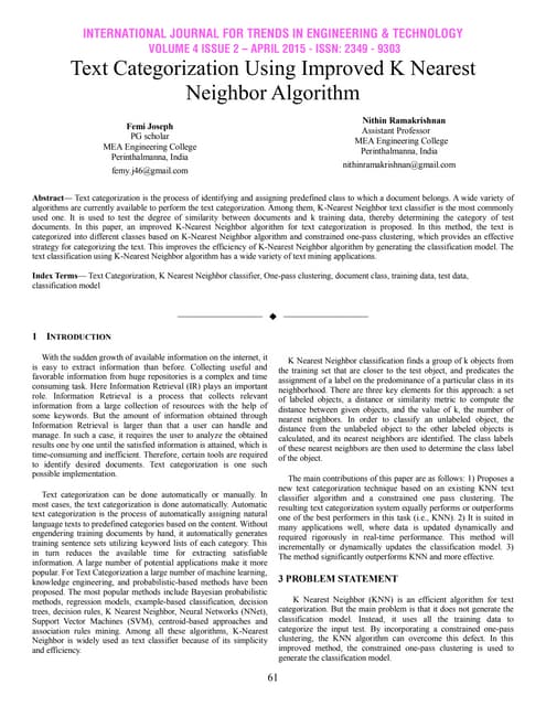 Text Categorization Using Improved K Nearest Neighbor Algorithm