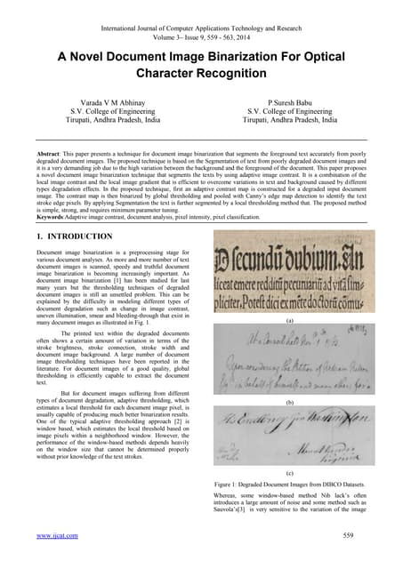 A Novel Document Image Binarization For Optical Character Recognition