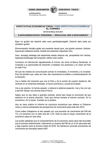 Lehendakariaren hitzaldia - Expectativas económicas foroa 