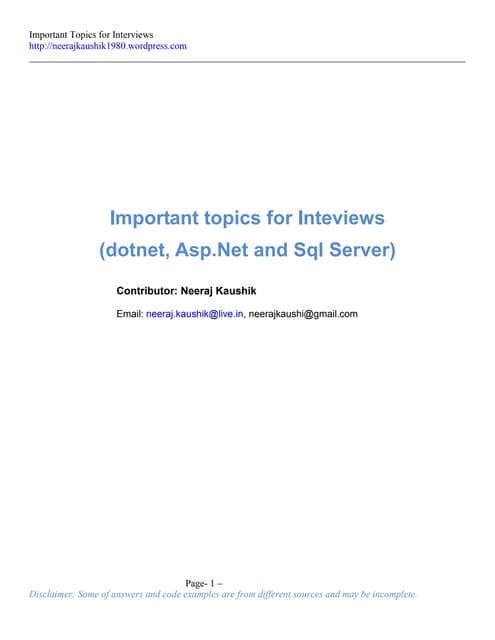 DotNet &amp; Sql Server Interview Questions