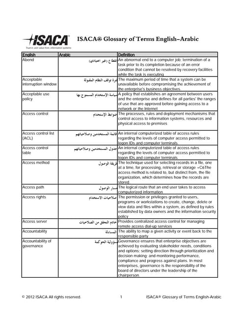 ISACA Complied Arabic English Glossary for use in Governance applications and...