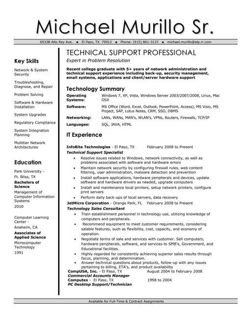 It technical support resume