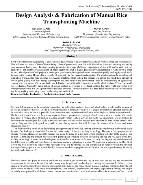 DESIGN ANALYSIS AND FABRICATION OF MANUAL RICE TRANSPLANTING MACHINE | J4RV4I...