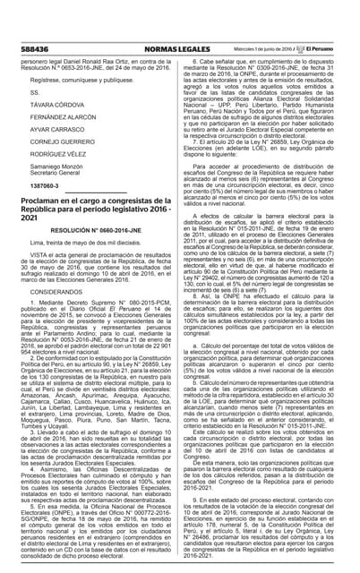 JNE - Resolución N° 660-2016 - Proclaman a Congresistas de la República del P...