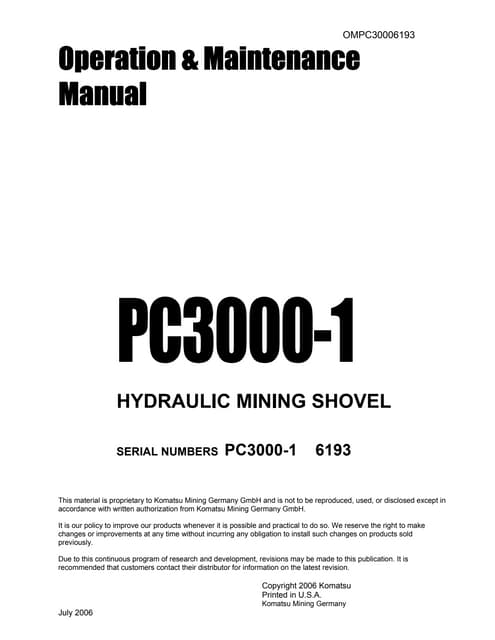 Komatsu pc3000 1 hydraulic mining shovel operation &amp; maintenance manual (...