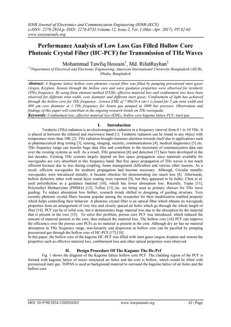 Performance Analysis of Low Loss Gas Filled Hollow Core Photonic Crystal Fibe...