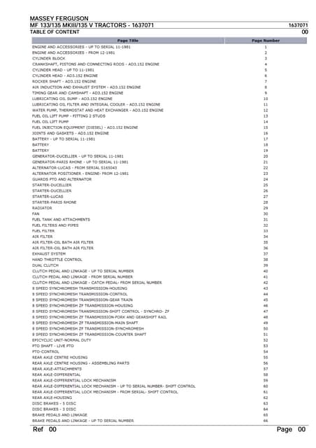 Massey ferguson mf 133135 mkiii135 v tractors parts catalogue manual