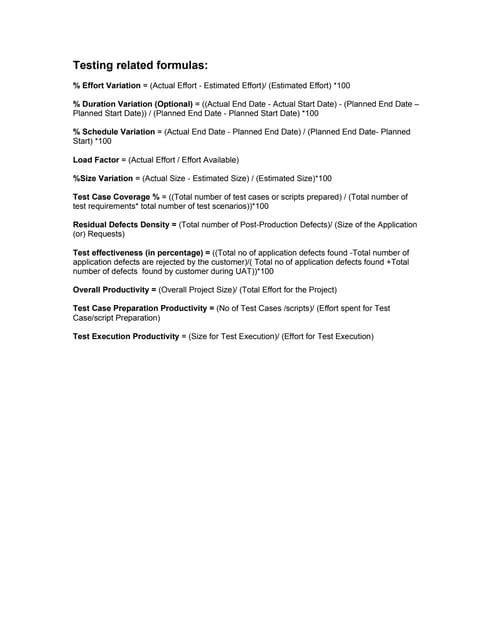 Metrics formulas