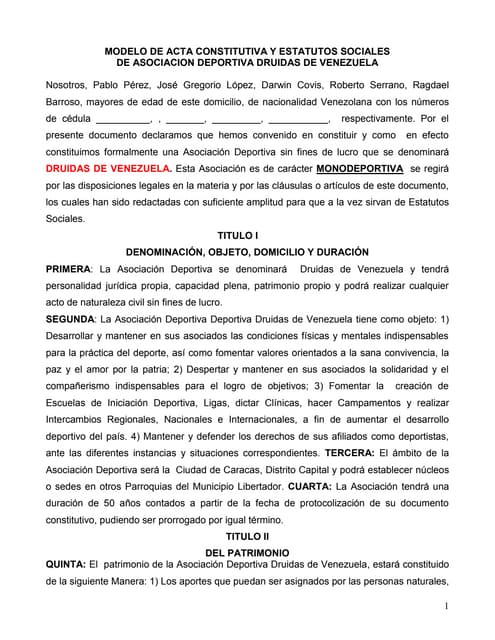Modelo de acta constitutiva y estatutos sociales druidas venezuela