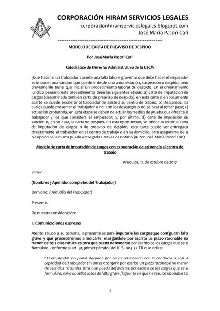 Modelo de carta de preaviso de despido   autor josé maría pacori cari