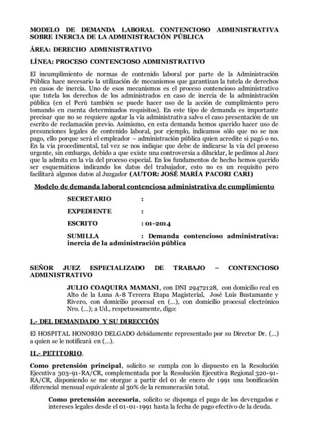 Modelo de demanda laboral contencioso administrativa sobre inercia de la admi...