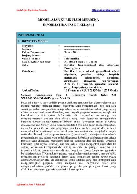 Modul Ajar Informatika Kelas 12 Fase F Kurikulum Merdeka - MODULKELAS.COM
