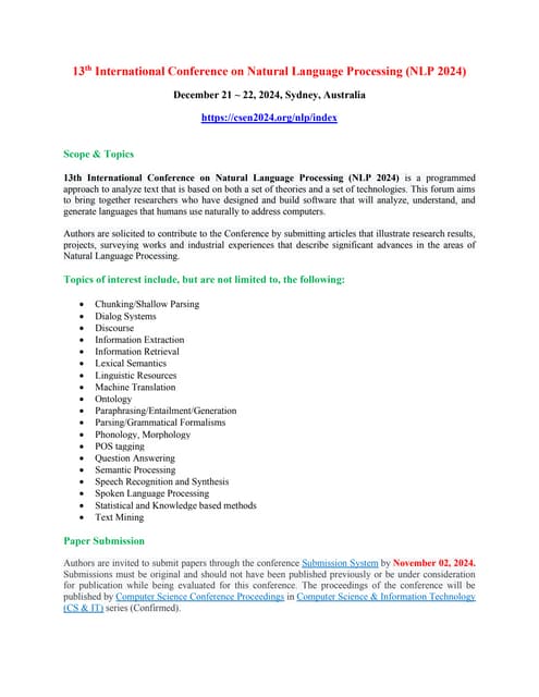 13th International Conference on Natural Language Processing (NLP 2024)
