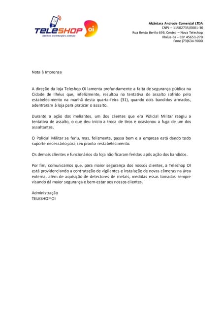 Nota à imprensa