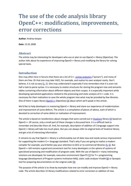 The use of the code analysis library OpenC++: modifications, improvements, er...
