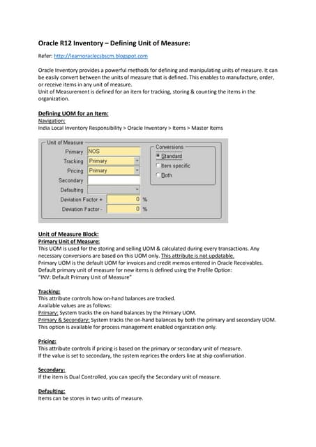 Oracle R12 Inventory – Defining Unit of Measure