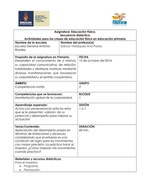 Planeacion de educacion fisica tercer grado.