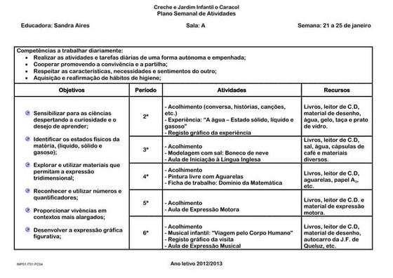 Plano sem. 21 a  25 de jan.