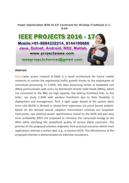 Power optimization with bler constraint for wireless fronthauls in c ran
